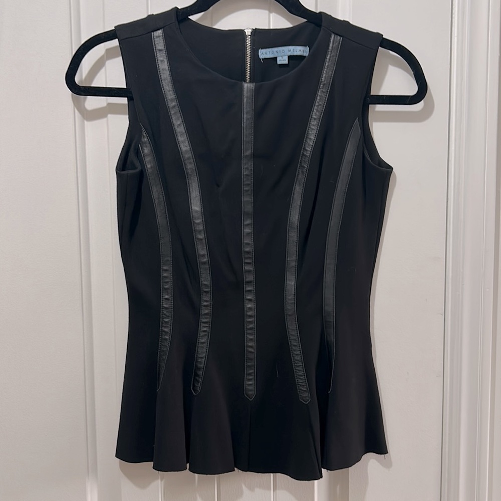 Antonio Melani Sleeveless Peplum black top w leather vertical stripes in front